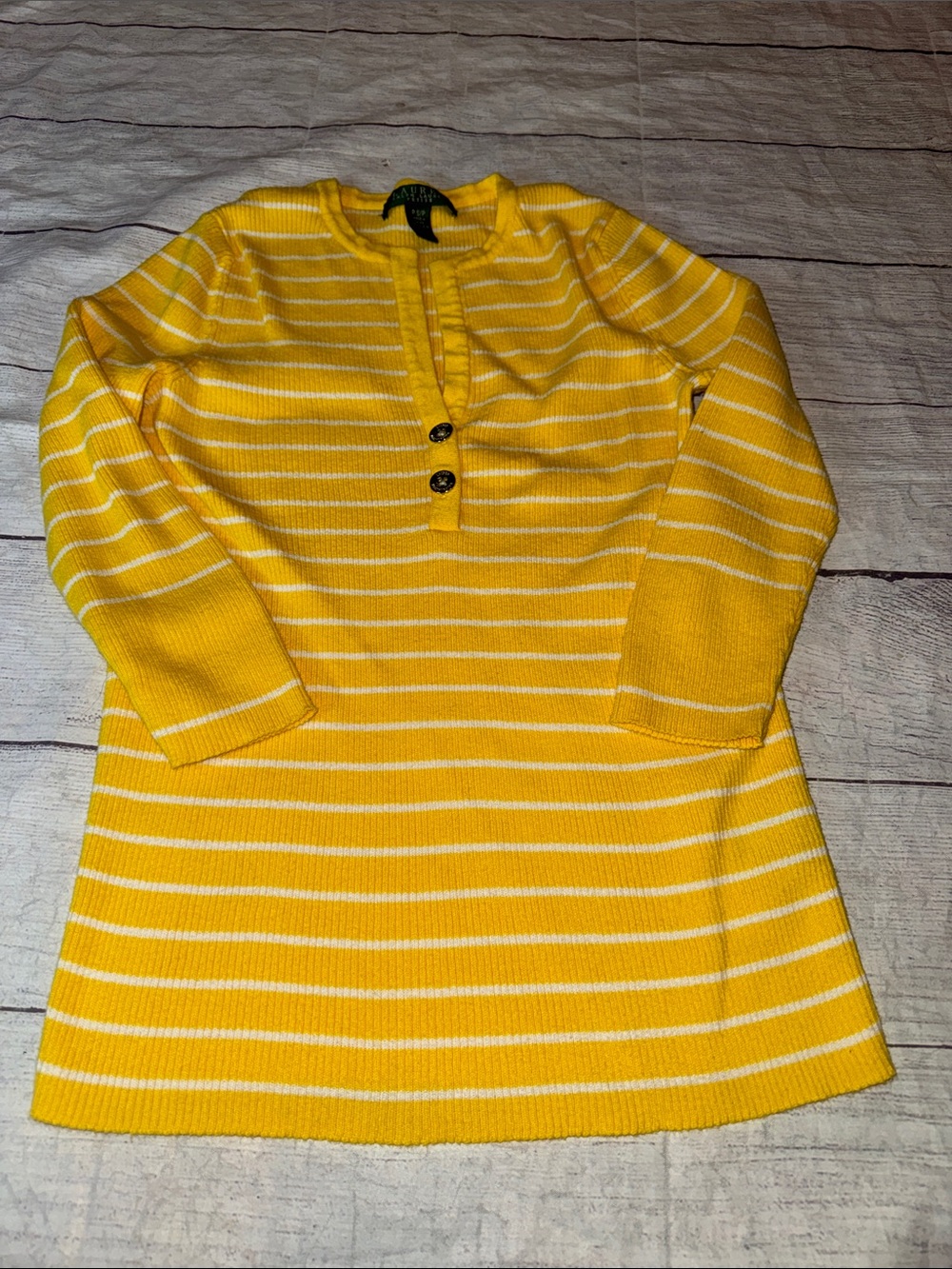 Lauren Ralph Lauren Yellow White Striped Ribbed Henley Sweater Top Petite Small